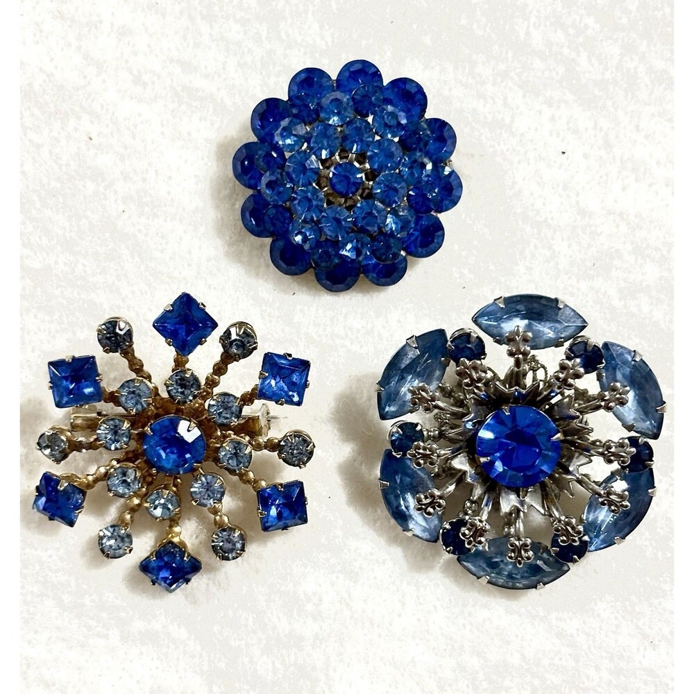 Vintage Blue Rhinestone Brooch Lot Atomic Starburst Navette Mid Century Glam